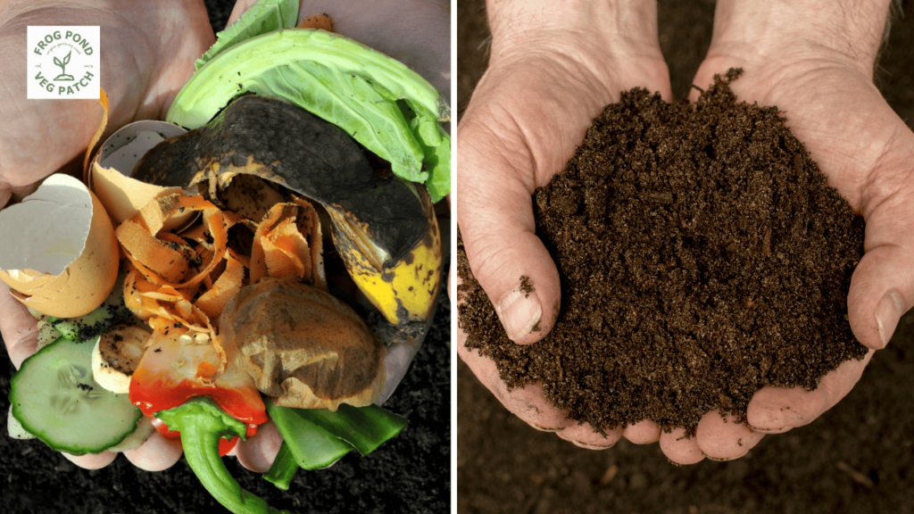 Composting at home: Vegetable scraps on the left and new compost made from vegetable scraps on the right.